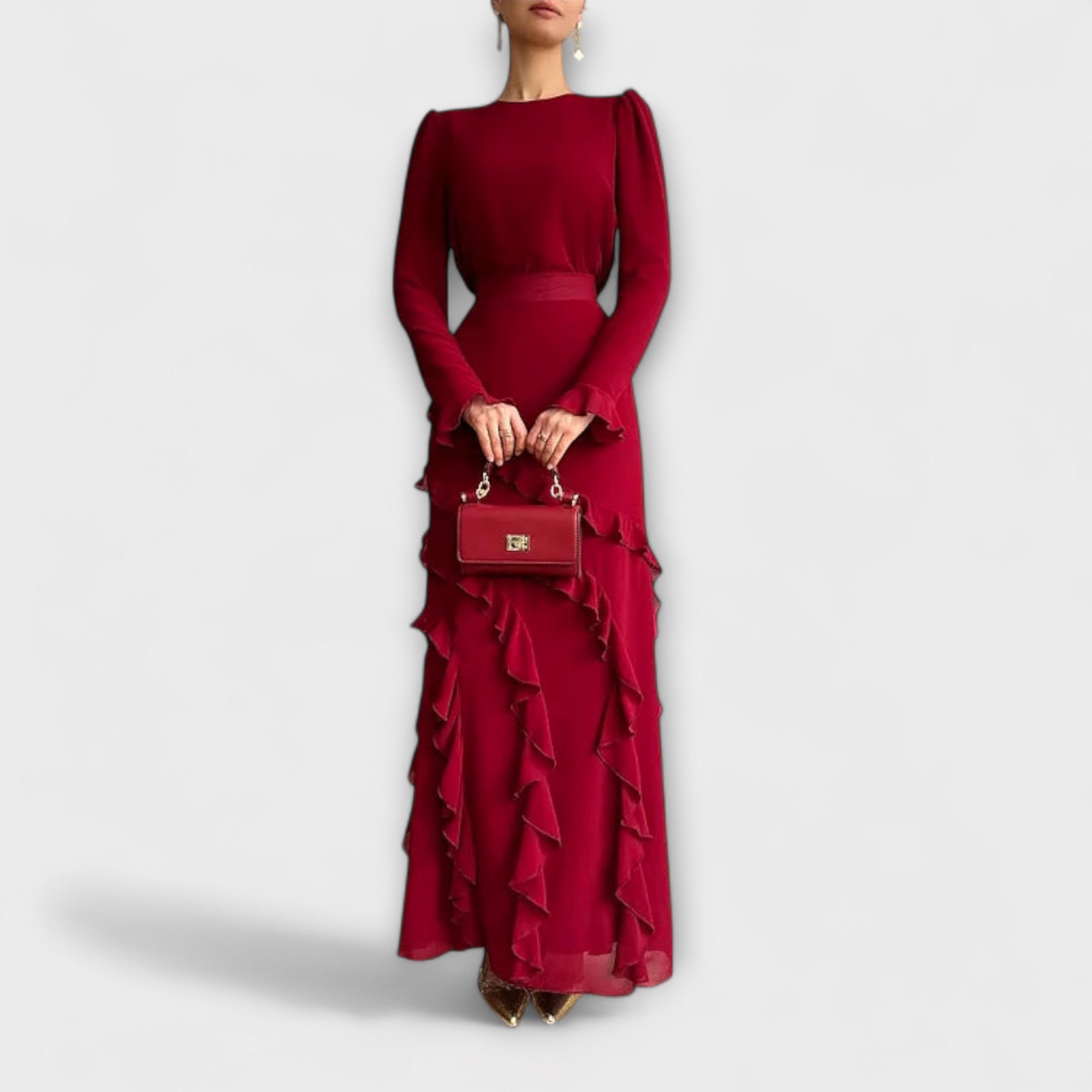 Fallon - Slim Fit Long Dress with Three-Dimensional Ruffles