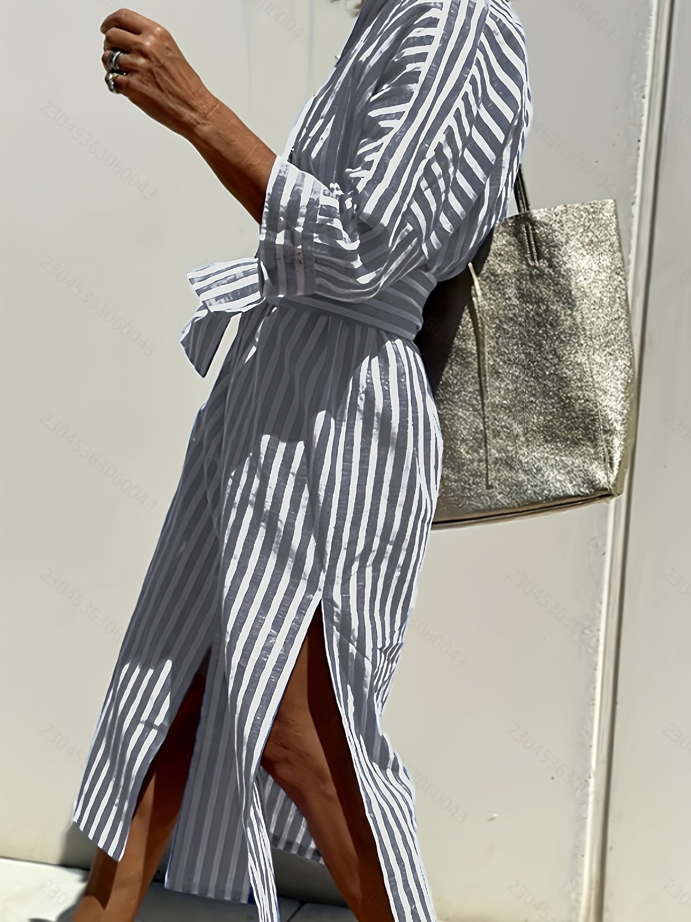 Christine | Striped Print & Button Closure with Belt